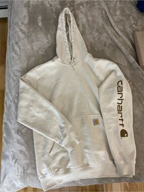 Carhartt Men’s Cream Hoodie with Brown Sleeve Logo